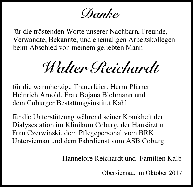  Traueranzeige für Walter Reichardt vom 28.10.2017 aus MGO