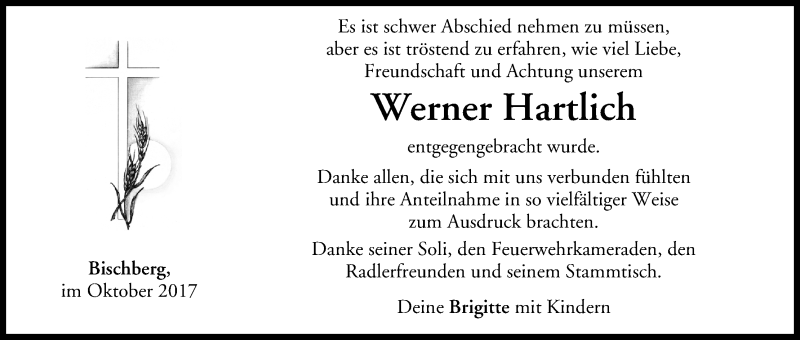  Traueranzeige für Werner Hartlich vom 21.10.2017 aus MGO