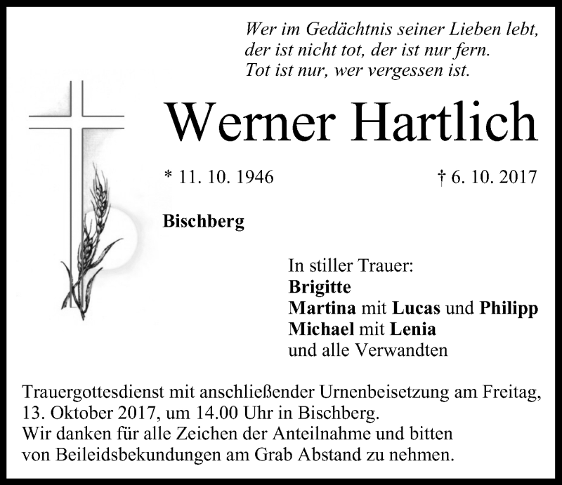  Traueranzeige für Werner Hartlich vom 09.10.2017 aus MGO