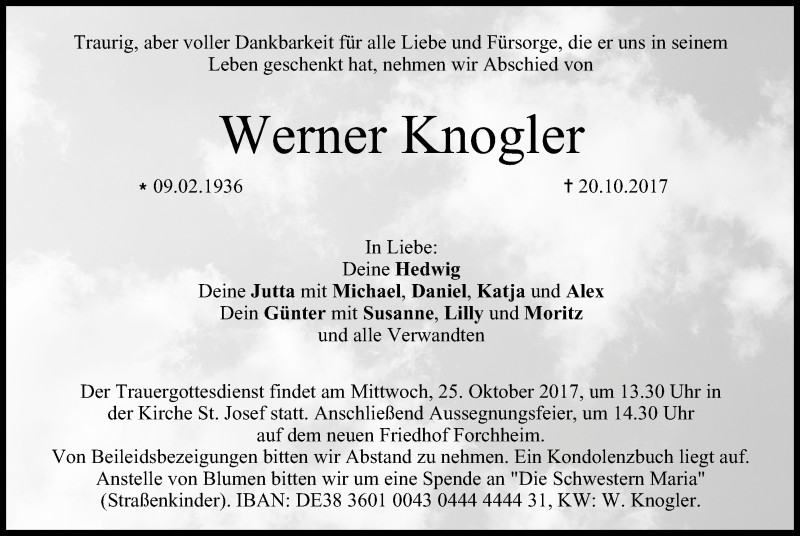  Traueranzeige für Werner Knogler vom 21.10.2017 aus MGO