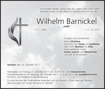 Anzeige von Wilhelm Barnickel von MGO