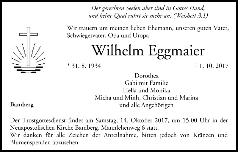  Traueranzeige für Wilhelm Eggmaier vom 11.10.2017 aus MGO