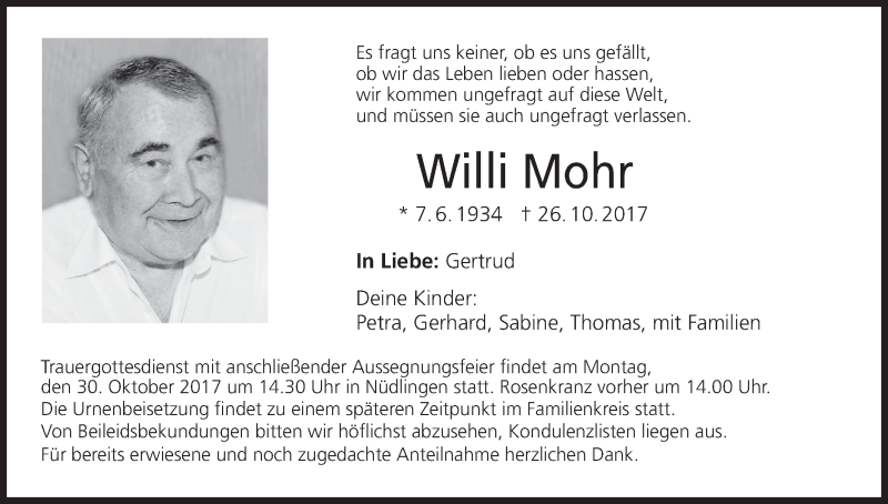  Traueranzeige für Willi Mohr vom 28.10.2017 aus MGO