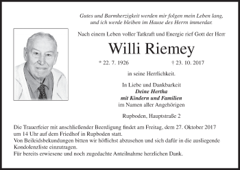 Anzeige von Willi Riemey von MGO