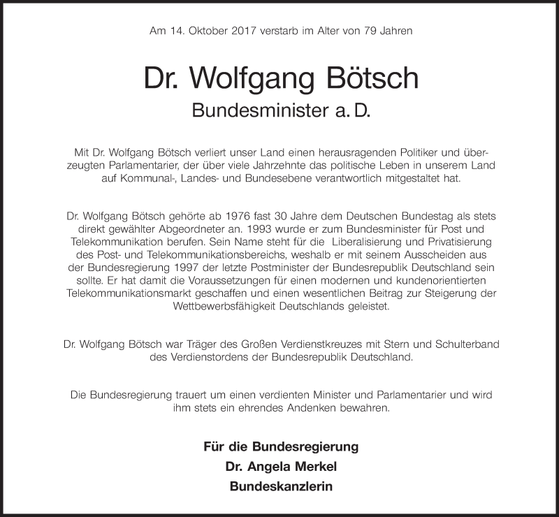  Traueranzeige für Wolfgang Bötsch vom 20.10.2017 aus MGO