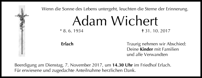  Traueranzeige für Adam Wichert vom 04.11.2017 aus MGO