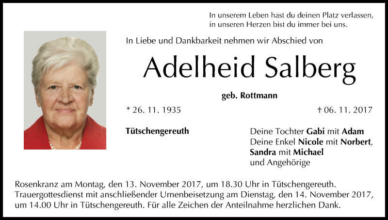  Traueranzeige für Adelheid Salberg vom 11.11.2017 aus MGO