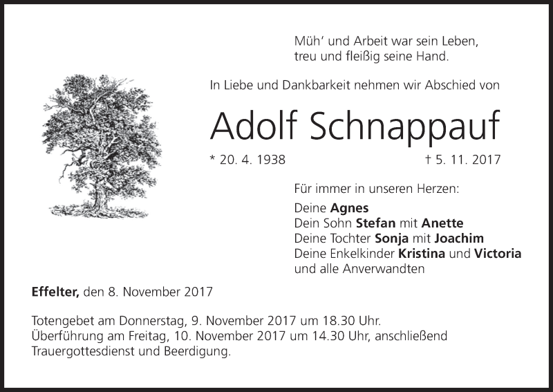  Traueranzeige für Adolf Schnappauf vom 08.11.2017 aus MGO