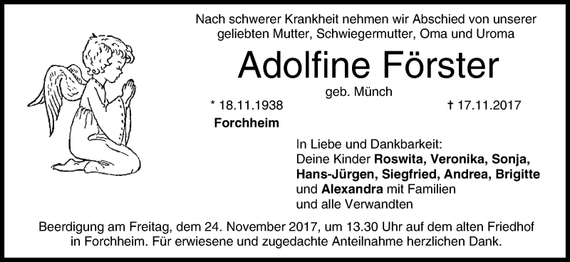  Traueranzeige für Adolfine Förster vom 21.11.2017 aus MGO