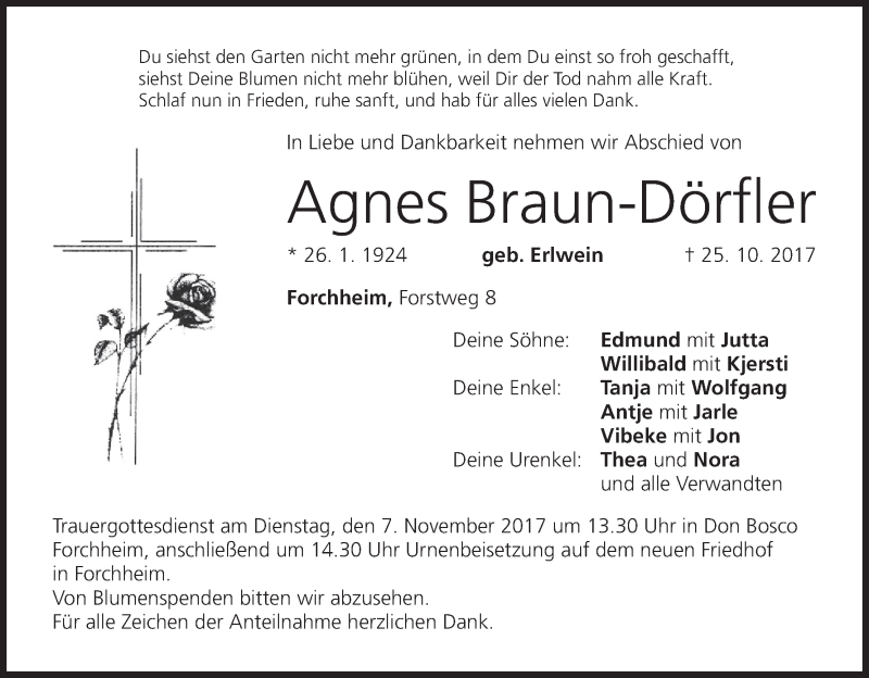  Traueranzeige für Agnes Braun-Dörfler vom 02.11.2017 aus MGO