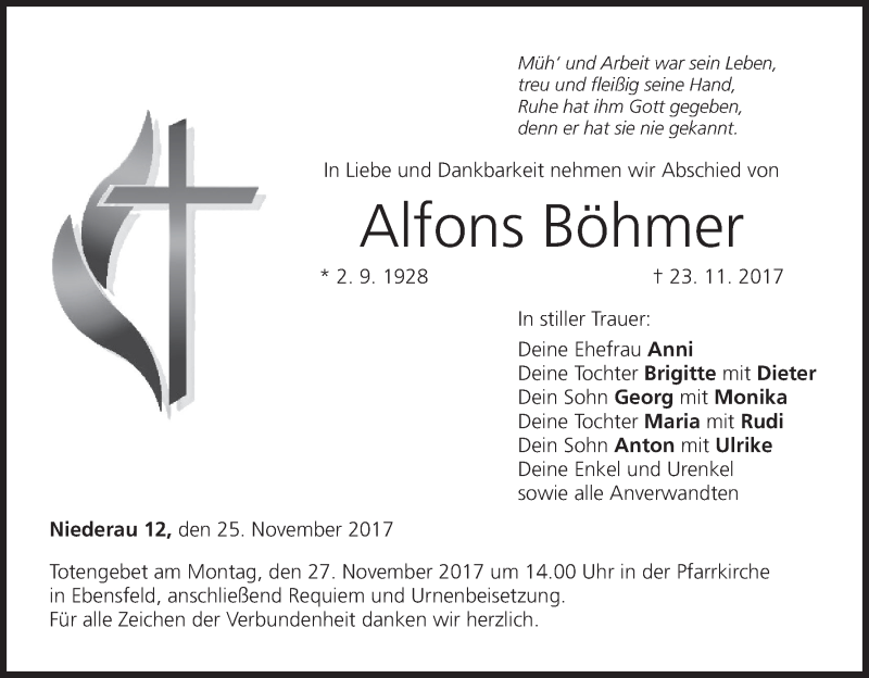  Traueranzeige für Alfons Böhmer vom 25.11.2017 aus MGO