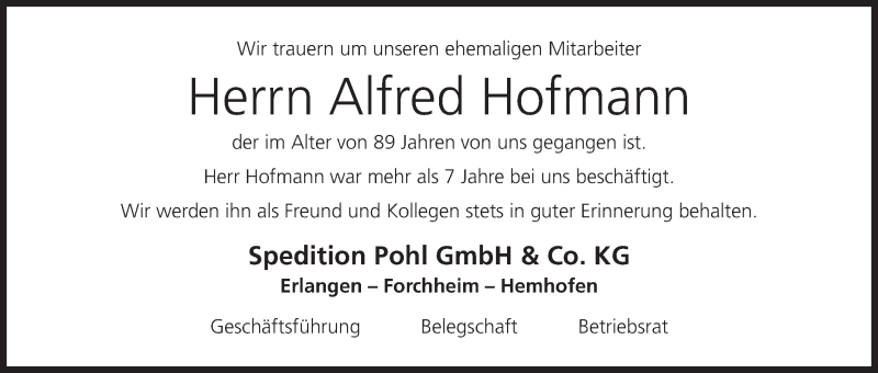  Traueranzeige für Alfred Hofmann vom 23.11.2017 aus MGO