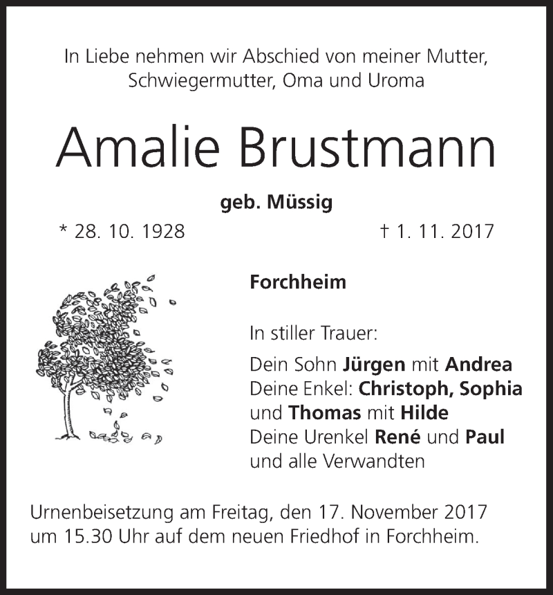  Traueranzeige für Amalie Brustmann vom 11.11.2017 aus MGO