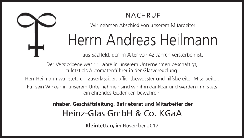  Traueranzeige für Andreas Heilmann vom 20.11.2017 aus MGO