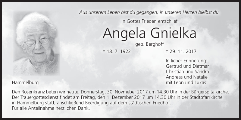  Traueranzeige für Angela Gnielka vom 30.11.2017 aus MGO