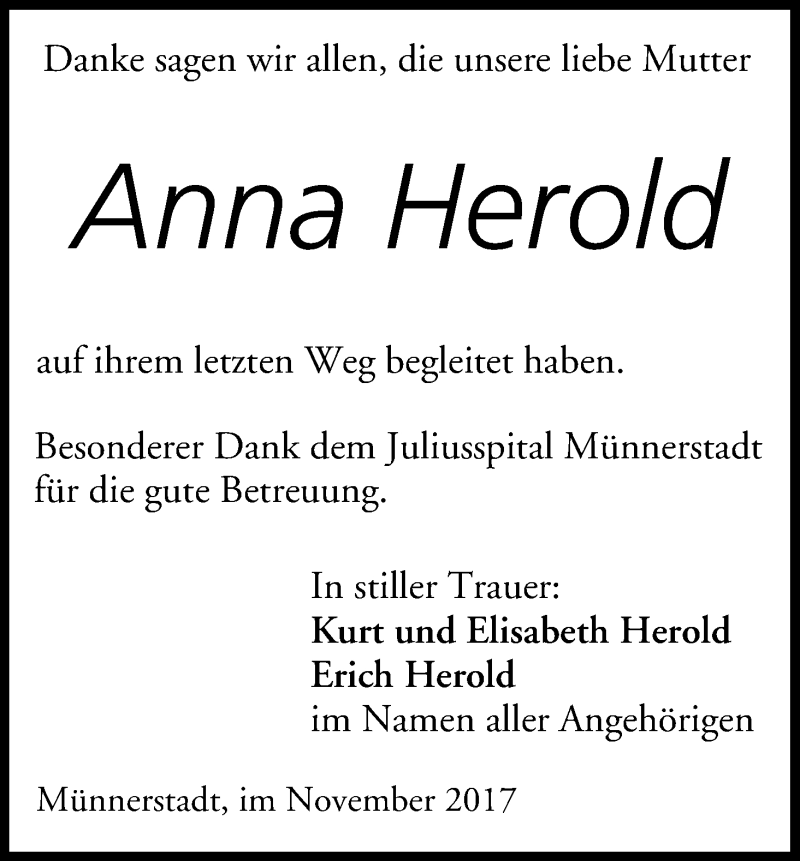  Traueranzeige für Anna Herold vom 08.11.2017 aus MGO
