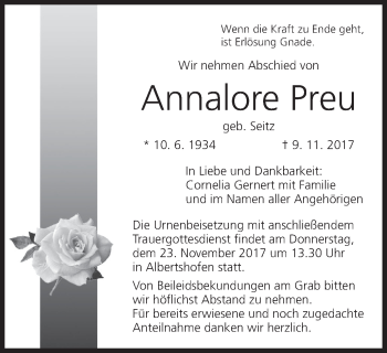 Anzeige von Annalore Preu von MGO