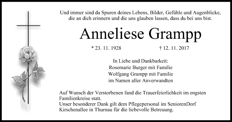  Traueranzeige für Anneliese Grampp vom 25.11.2017 aus MGO
