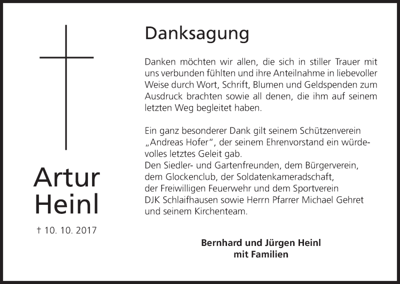  Traueranzeige für Artur Heinl vom 04.11.2017 aus MGO