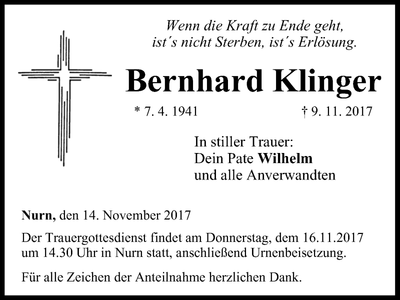  Traueranzeige für Bernhard Klinger vom 14.11.2017 aus MGO