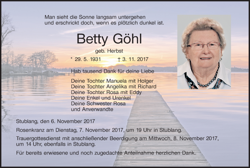  Traueranzeige für Betty Göhl vom 06.11.2017 aus MGO
