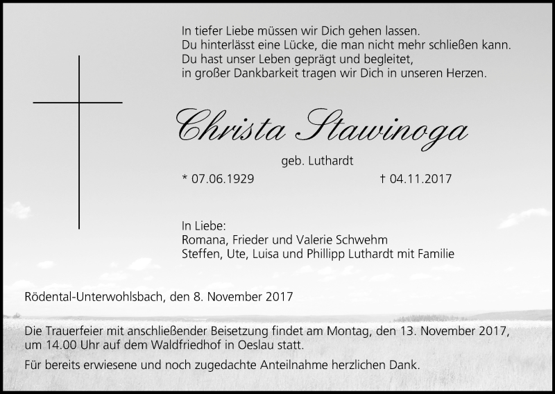  Traueranzeige für Christa Stawinoga vom 08.11.2017 aus MGO