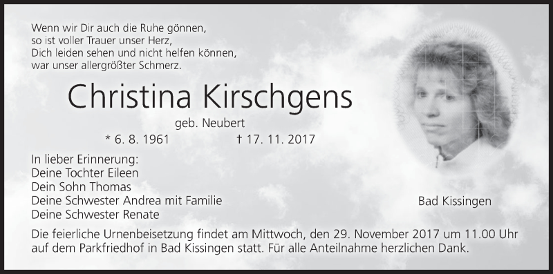  Traueranzeige für Christina Kirschgens vom 25.11.2017 aus MGO