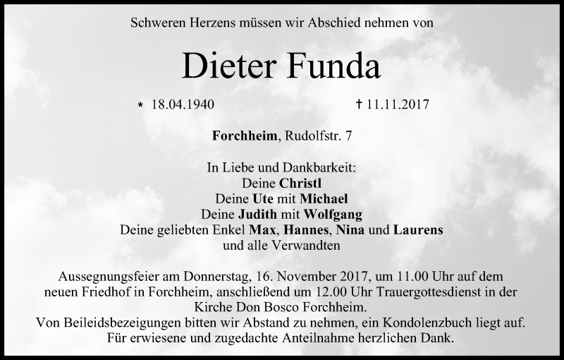  Traueranzeige für Dieter Funda vom 14.11.2017 aus MGO