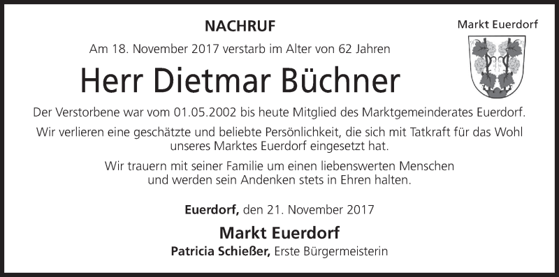  Traueranzeige für Dietmar Büchner vom 23.11.2017 aus MGO