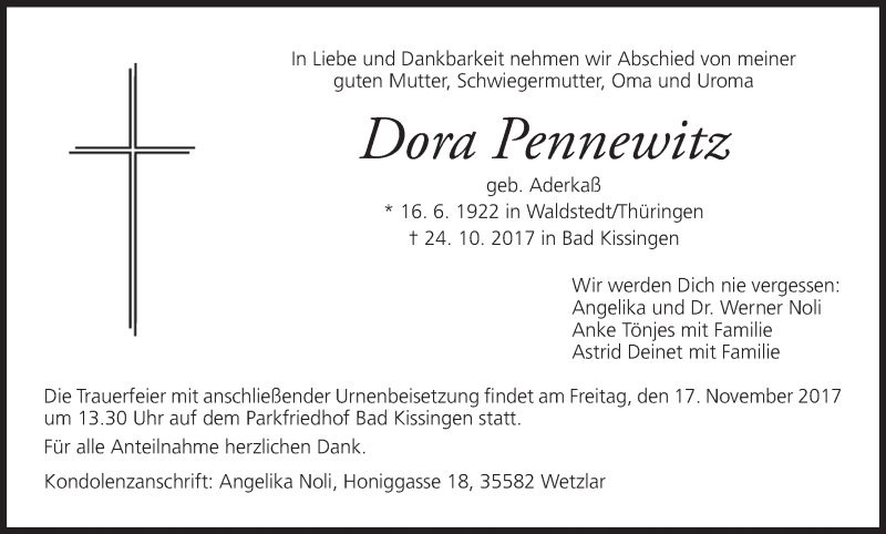  Traueranzeige für Dora Pennewitz vom 11.11.2017 aus MGO