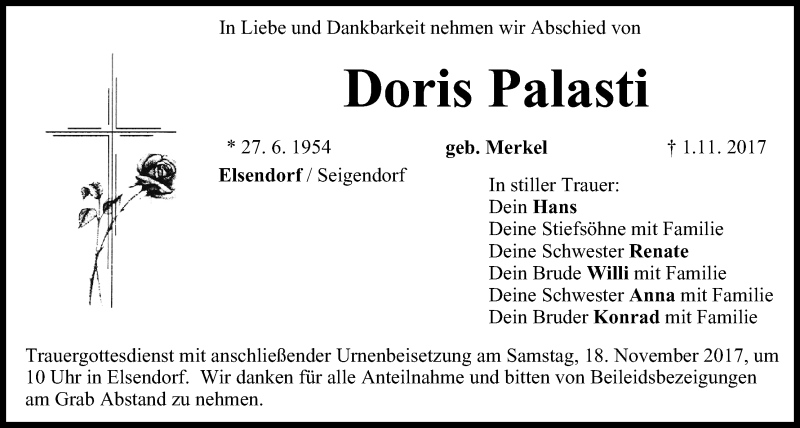  Traueranzeige für Doris Palasti vom 15.11.2017 aus MGO