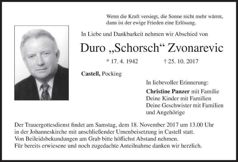  Traueranzeige für Duro  Zvonarevic vom 16.11.2017 aus MGO