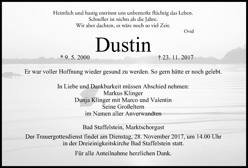  Traueranzeige für Dustin  vom 25.11.2017 aus MGO