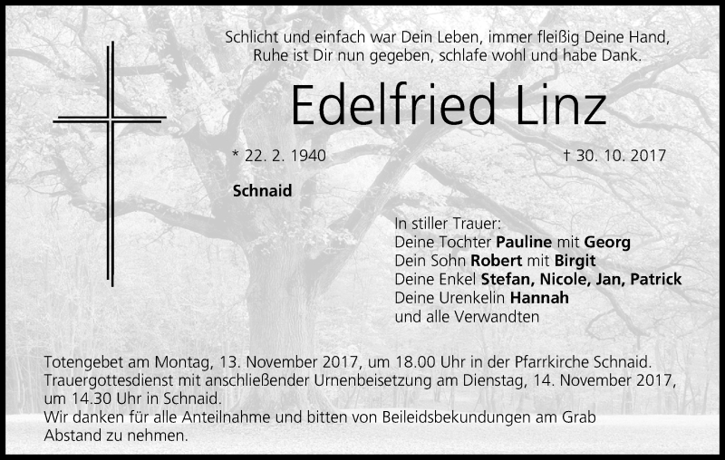  Traueranzeige für Edelfried Linz vom 11.11.2017 aus MGO