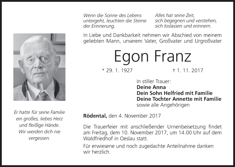  Traueranzeige für Egon Franz vom 04.11.2017 aus MGO