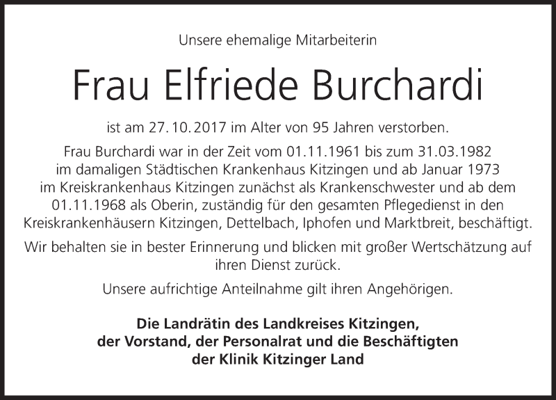  Traueranzeige für Elfriede Burchardi vom 07.11.2017 aus MGO