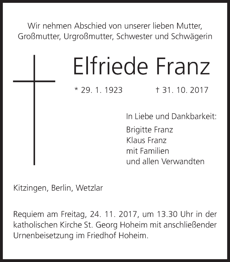  Traueranzeige für Elfriede Franz vom 22.11.2017 aus MGO