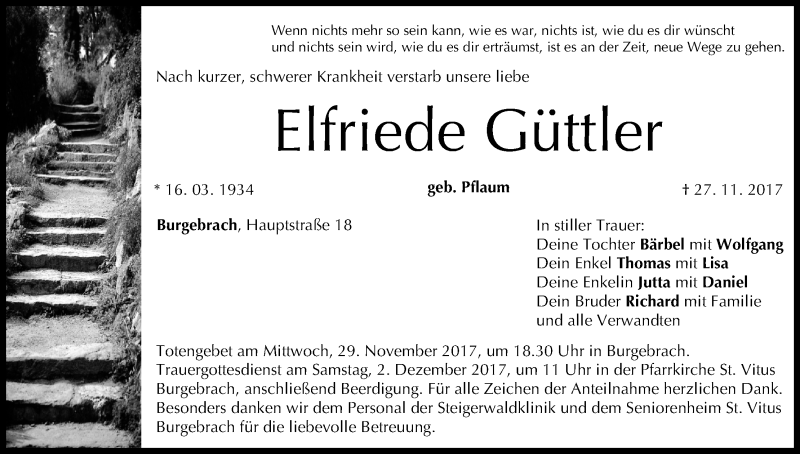  Traueranzeige für Elfriede Güttler vom 29.11.2017 aus MGO