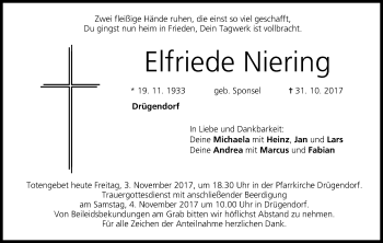 Anzeige von Elfriede Niering von MGO