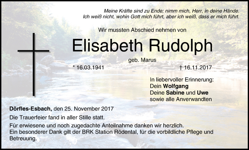  Traueranzeige für Elisabeth Rudolph vom 25.11.2017 aus MGO