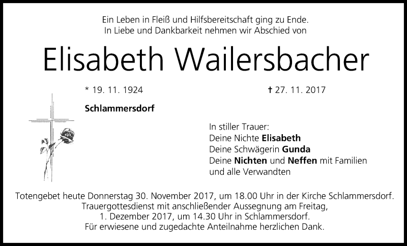  Traueranzeige für Elisabeth Wailersbacher vom 30.11.2017 aus MGO