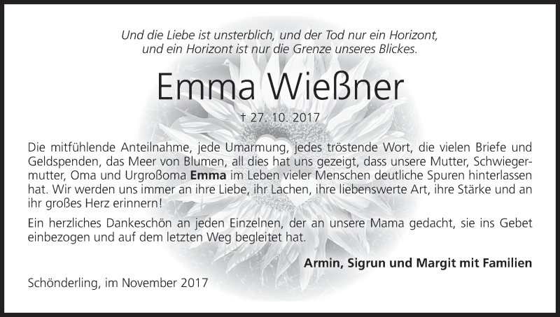  Traueranzeige für Emma Wießner vom 11.11.2017 aus MGO
