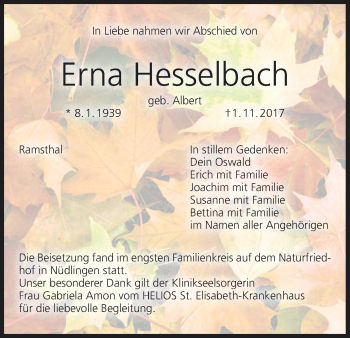 Anzeige von Erna Hesselbach von MGO