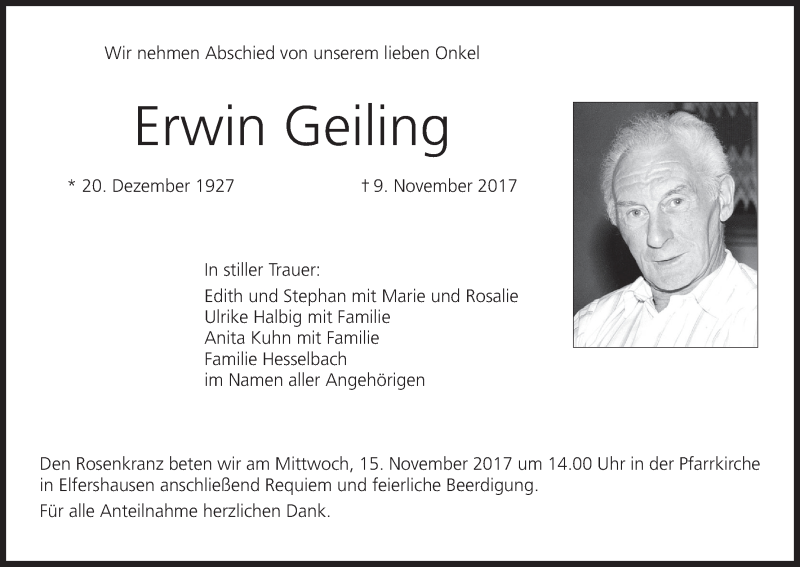  Traueranzeige für Erwin Geiling vom 11.11.2017 aus MGO