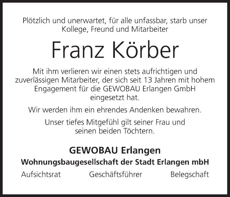 Traueranzeige für Franz Körber vom 11.11.2017 aus MGO
