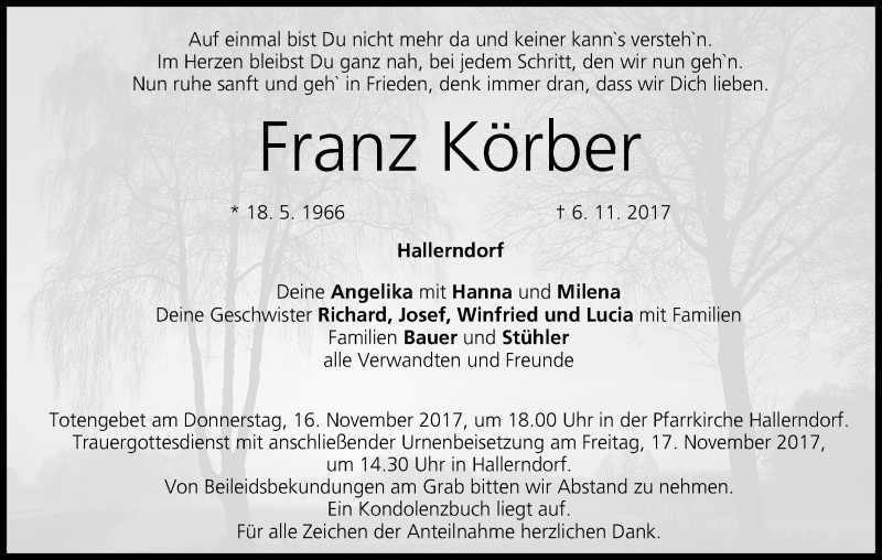 Traueranzeige für Franz Körber vom 11.11.2017 aus MGO