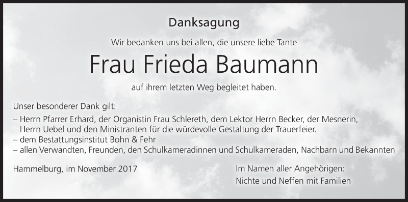  Traueranzeige für Frieda Baumann vom 18.11.2017 aus MGO
