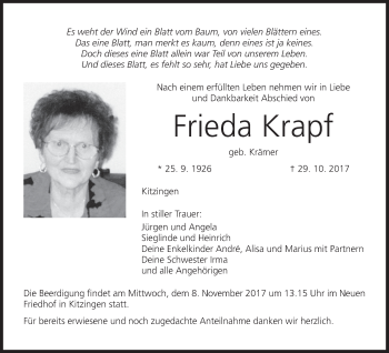 Anzeige von Frieda Krapf von MGO