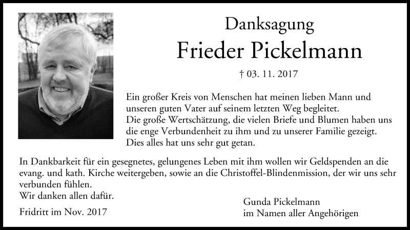  Traueranzeige für Frieder Pickelmann vom 18.11.2017 aus MGO