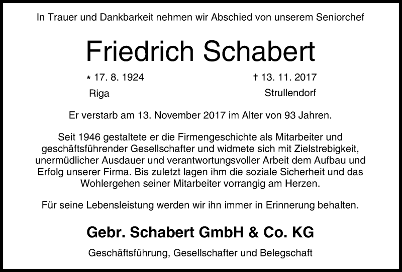  Traueranzeige für Friedrich Schabert vom 17.11.2017 aus MGO